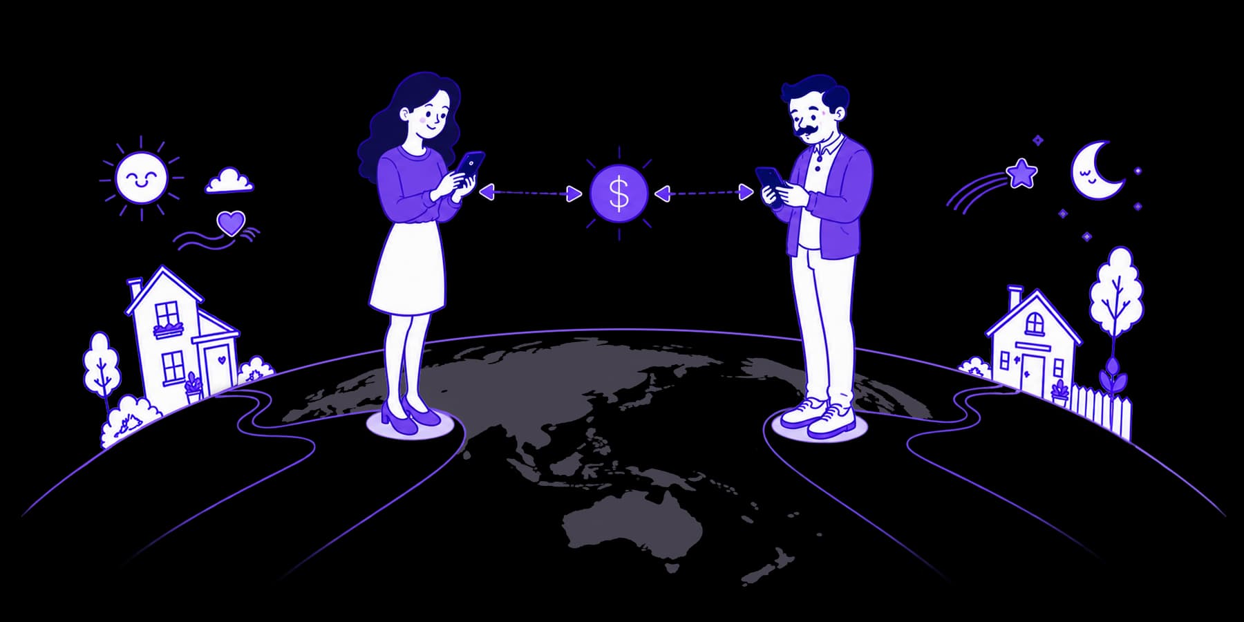 Two people either side of a globe, sending money between them by phone, a home at each end
